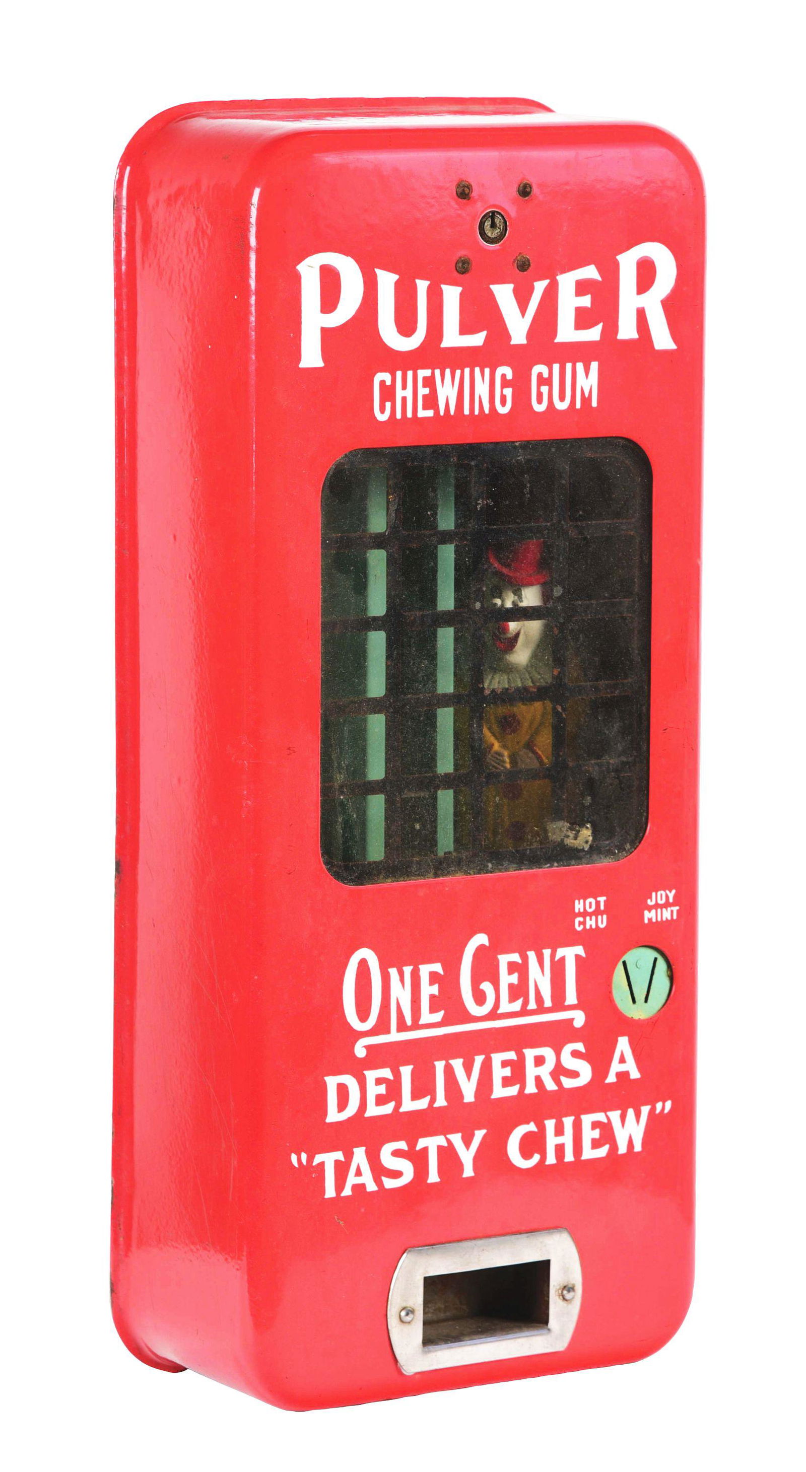 1¢ PULVER RED PORCELAIN GUM VENDING MACHINE. (1 of 5)