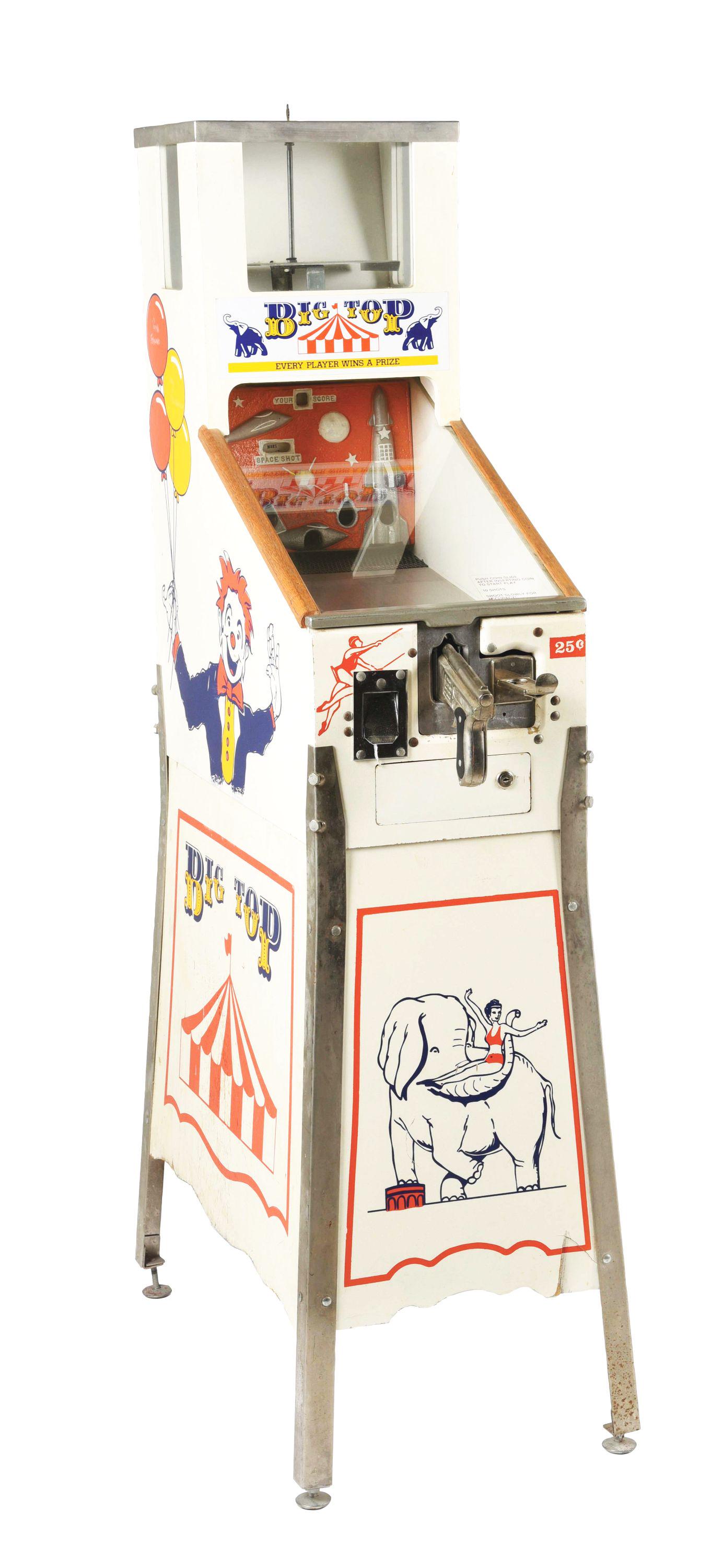 BIG TOP GUN GAME AND GUM VENDOR.: This is an all original Big Top gun game with chewing ball gum dispenser in 25¢ operation, with all the original circus graphics and with gun working correctly. An excellent example of this machi