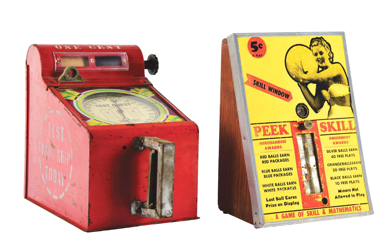 LOT OF 2: COUNTERTOP SKILL GAMES.: This is a lot of two countertop skill games. The first is a Gruing Novelty Company 1¢ grip tester in original, unrestored condition, with original red paint and original dial. The second is an in