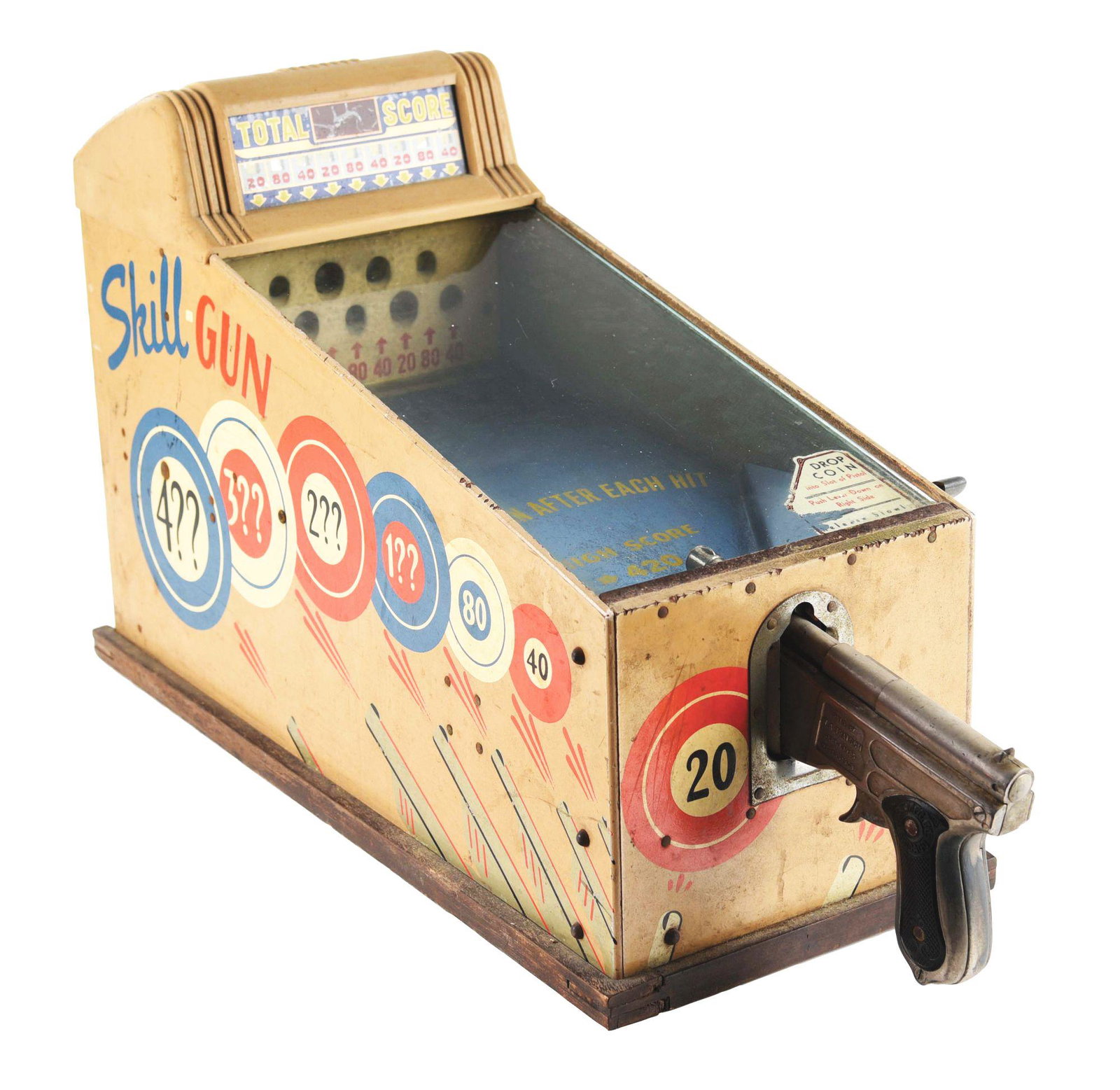 SKILL GUN PENNY ARCADE GUN GAME.: This is a more unusual countertop penny arcade skill game, called "Skill Gun", in all original condition, showing great paint to both side, original black score card, original decal in the front and t