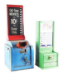 LOT OF 2: PENNY ARCADE MACHINES.: This is a lot of two penny arcade machines. The first is an Exhibit Supply Love Meter in a wood case that is painted green, with an original silkscreen front, showing areas of crazing throughout. The