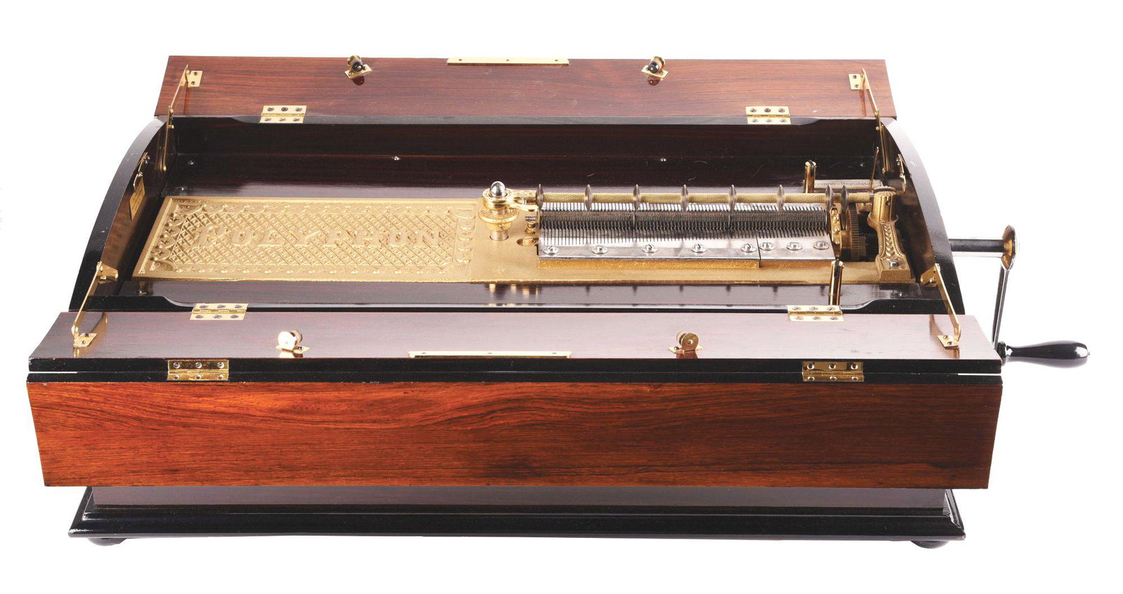 RARE POLYPHON STYLE NO. 52 "CARMEN" 24 - 5/8" DISC: This is a great example of a rare Polyphon Style 52 "Carmen" casket style music box, playing 24 - 5/8" discs. The Style 52 has 159 teeth in duplex combs, with a mahogany wood case and comes with seven