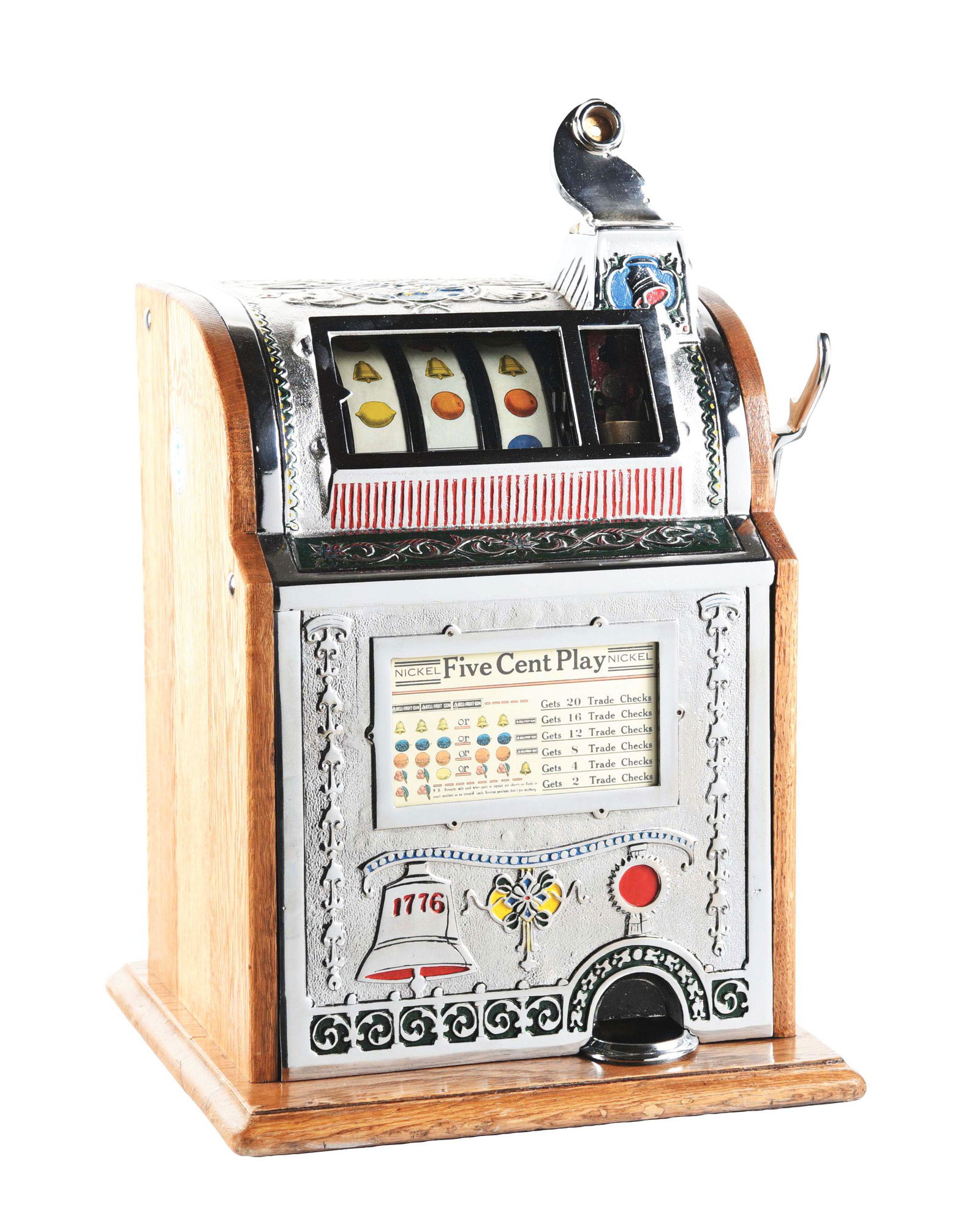 5¢ WATLING OPERATORS BELL SLOT MACHINE.: An interesting machine that is nearly identical to the Mills Novelty Operators Bell. This device has restored plating on the iron front castings and a refinished oak cabinet. With original wood back d