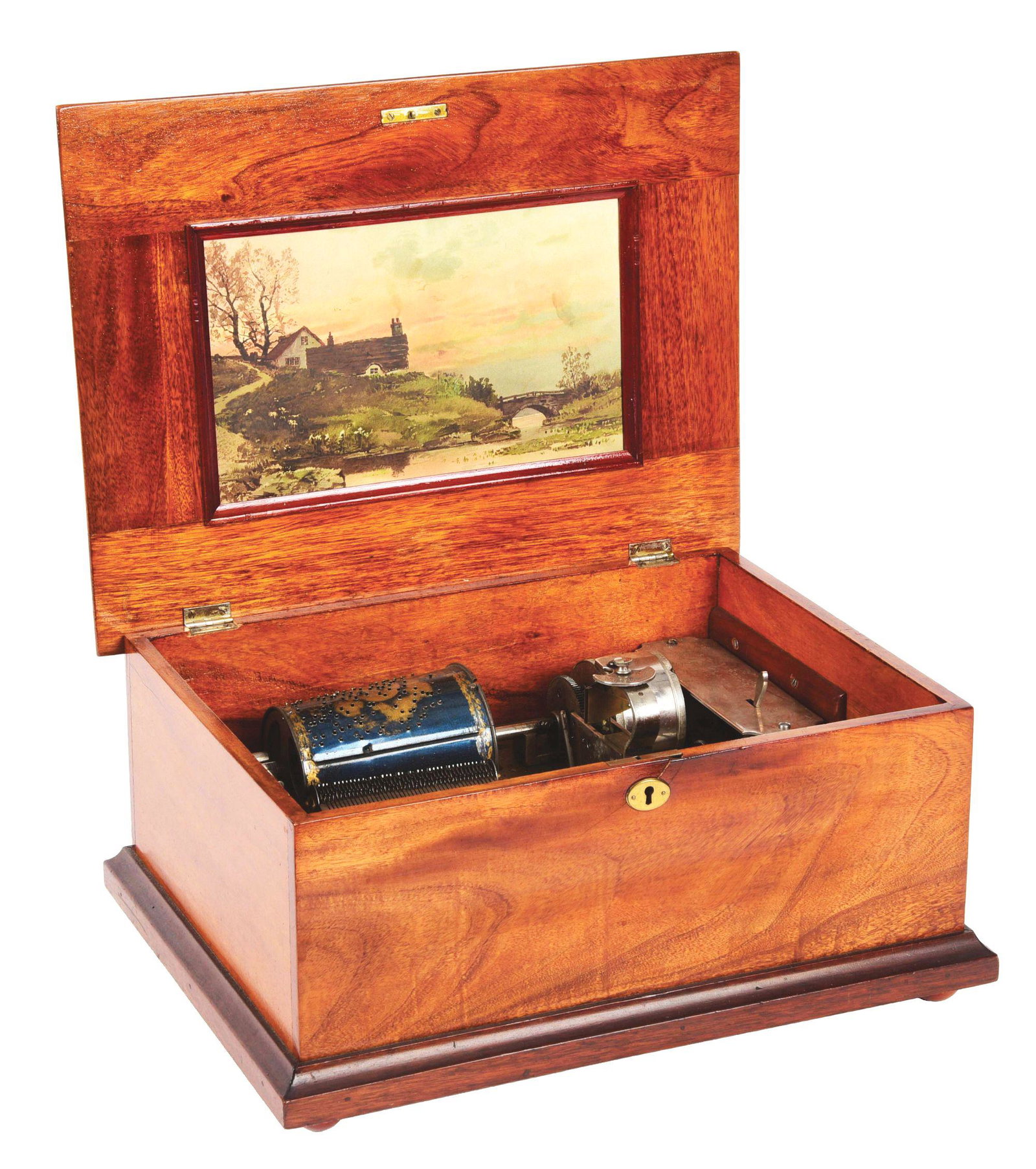 CAPITOL MUSIC BOX STYLE A "CUFF" OPERATED MUSIC BOX.: This is a very nice example of a "cuff" operated disc music box from the Capitol Music Box Co. Style A. Mahogany case with 44 teeth, in very good patina with only light finish scratches and signs of u