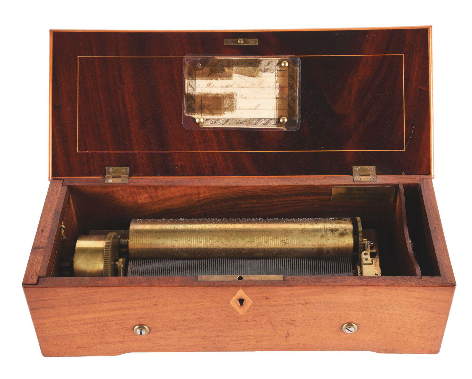 EARLY 19TH CENTURY KEY-WIND CYLINDER MUSIC BOX.: This is an early 19th century key-wind cylinder music box. The tune card provides the initial "B, B, & C." which refers to Borens, Blumberg, and Cie, who were most likely the distributors of the instr