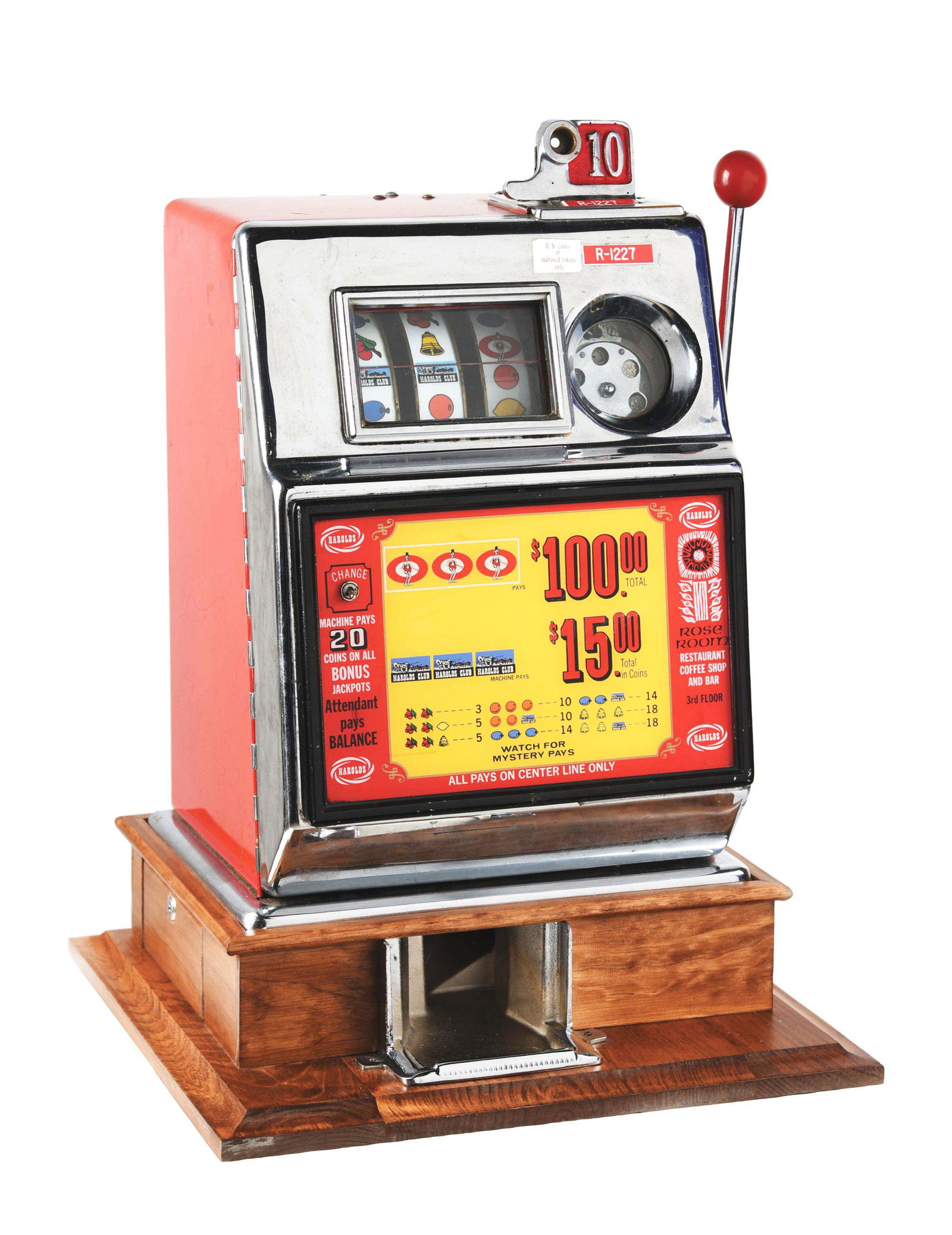 10¢ HAROLDS CLUB ROSE ROOM SLOT MACHINE.: This Pace 10¢ slot machine was private labeled for Harold's Club Casino in reno Nevada. Fully restored with original graphic front, reel strips, and plays and pays. Key is included. This is not a