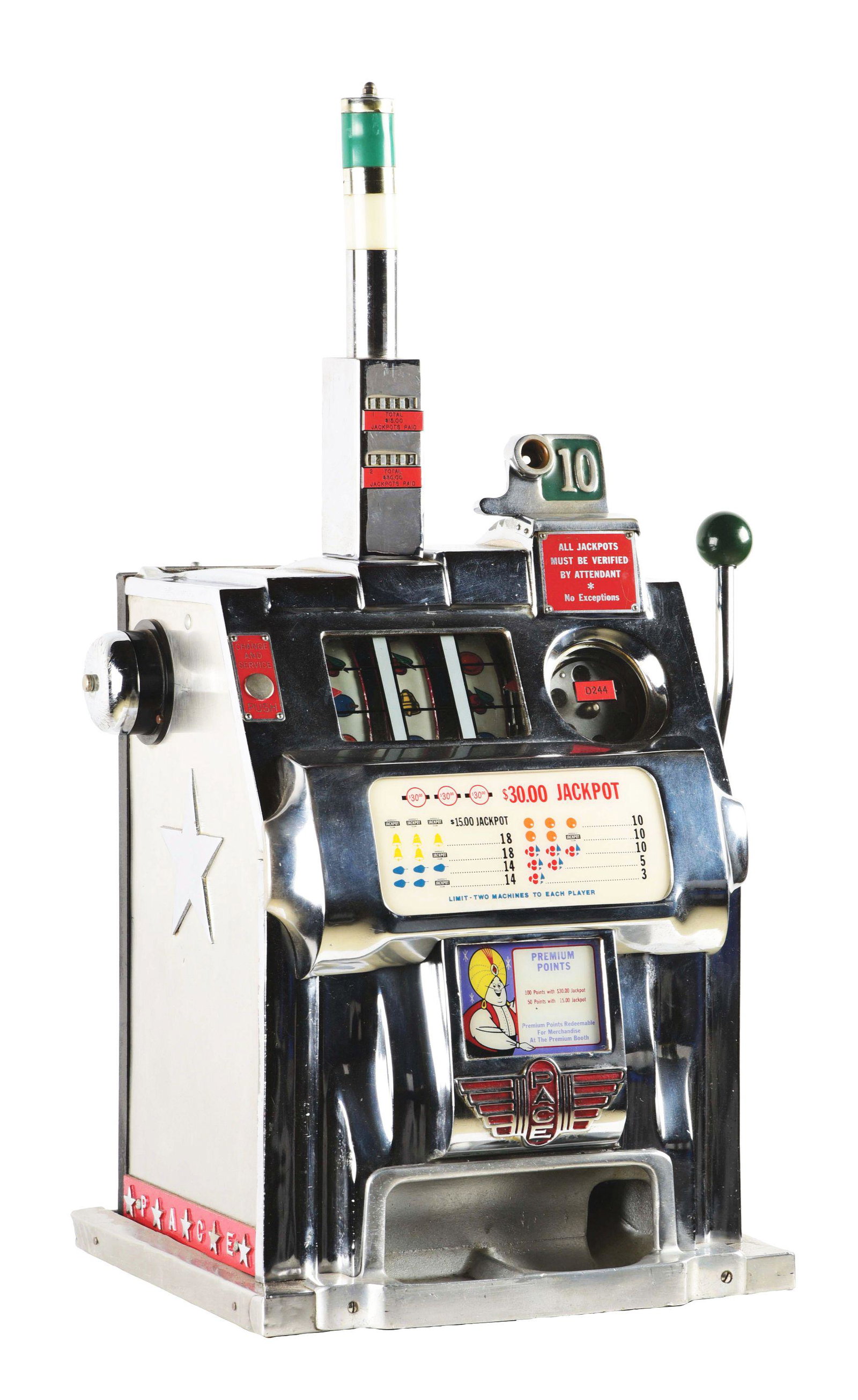 10¢ PACE PREMIUM POINTS SLOT MACHINE.: This is a vintage 1965 Pace Premium Points slot machine. Polished aluminum with some plating, showing original reel strips and award cards, back door and coin tower. Overall condition is very good wit