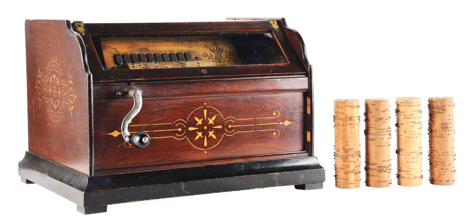 ORIGINAL CONCERT ROLLER ORGAN.: The hand crank moves both the music cylinder and the bellows. The open design of these 20-note reed roller organs made them affordable to the public. The underside of the bellows is stamped with the m