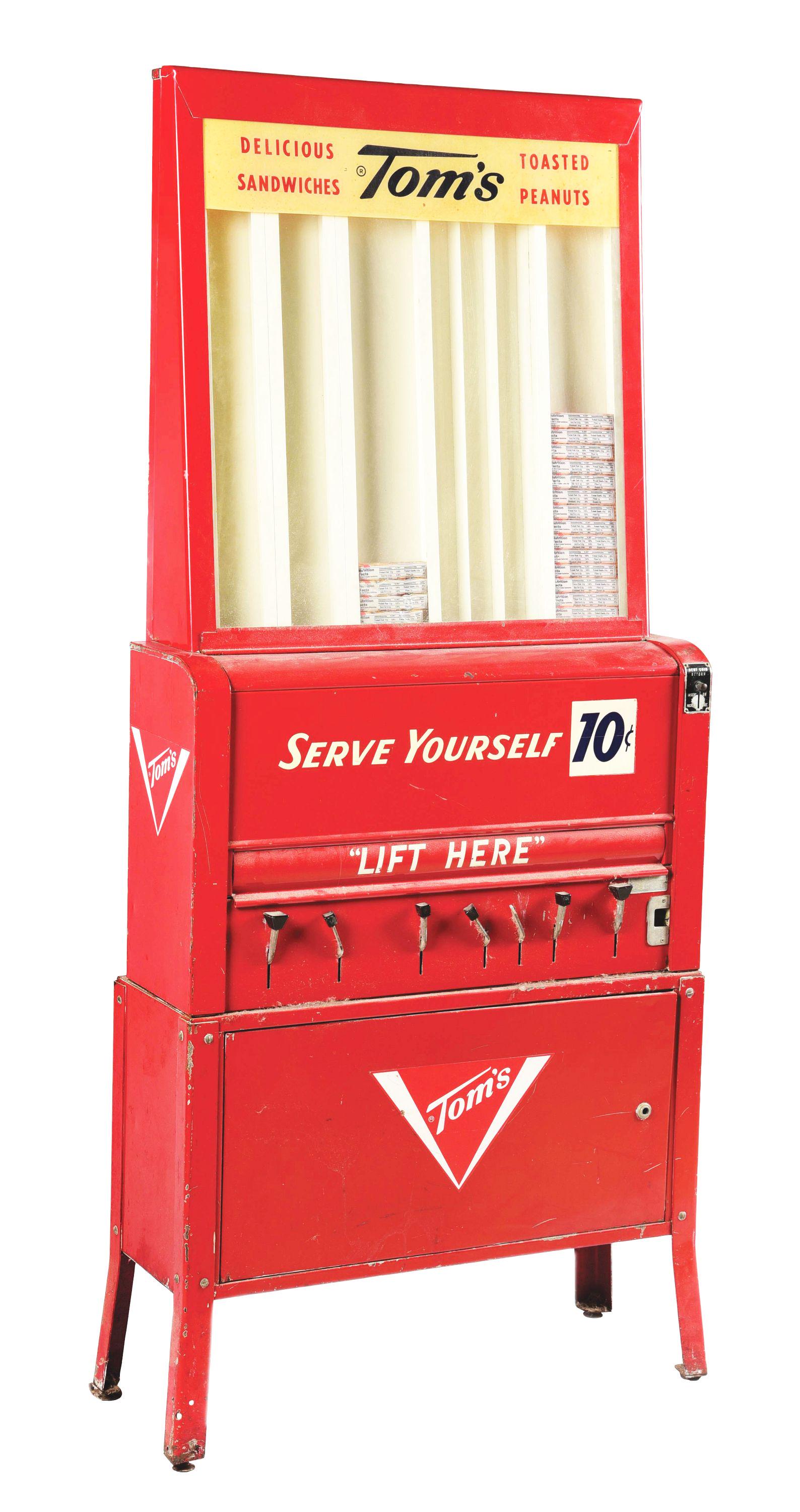 10¢ TOMS SANDWICH AND PEANUT VENDING MACHINE.: This is an all original Tom's Delicious Cracker Sandwiches and Toasted Peanut machine. The machine is in original red paint, with original Tom's labeling as well as the 10¢ labeling, has keys to