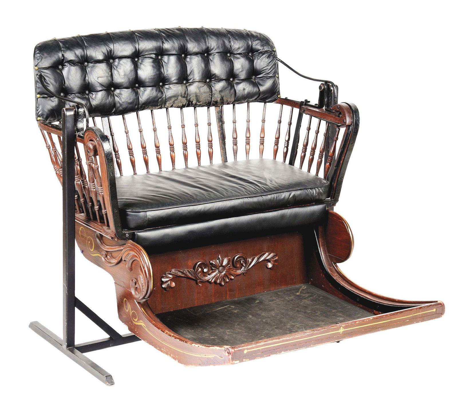 FULLY RESTORED VICTORIAN FERRIS WHEEL SEAT.: This is a very early Ferris wheel seat from the Victorian era, most likely late 19th century to early 20th century. It is made out of walnut with spindled back, new tufted leather seat in new tufted l