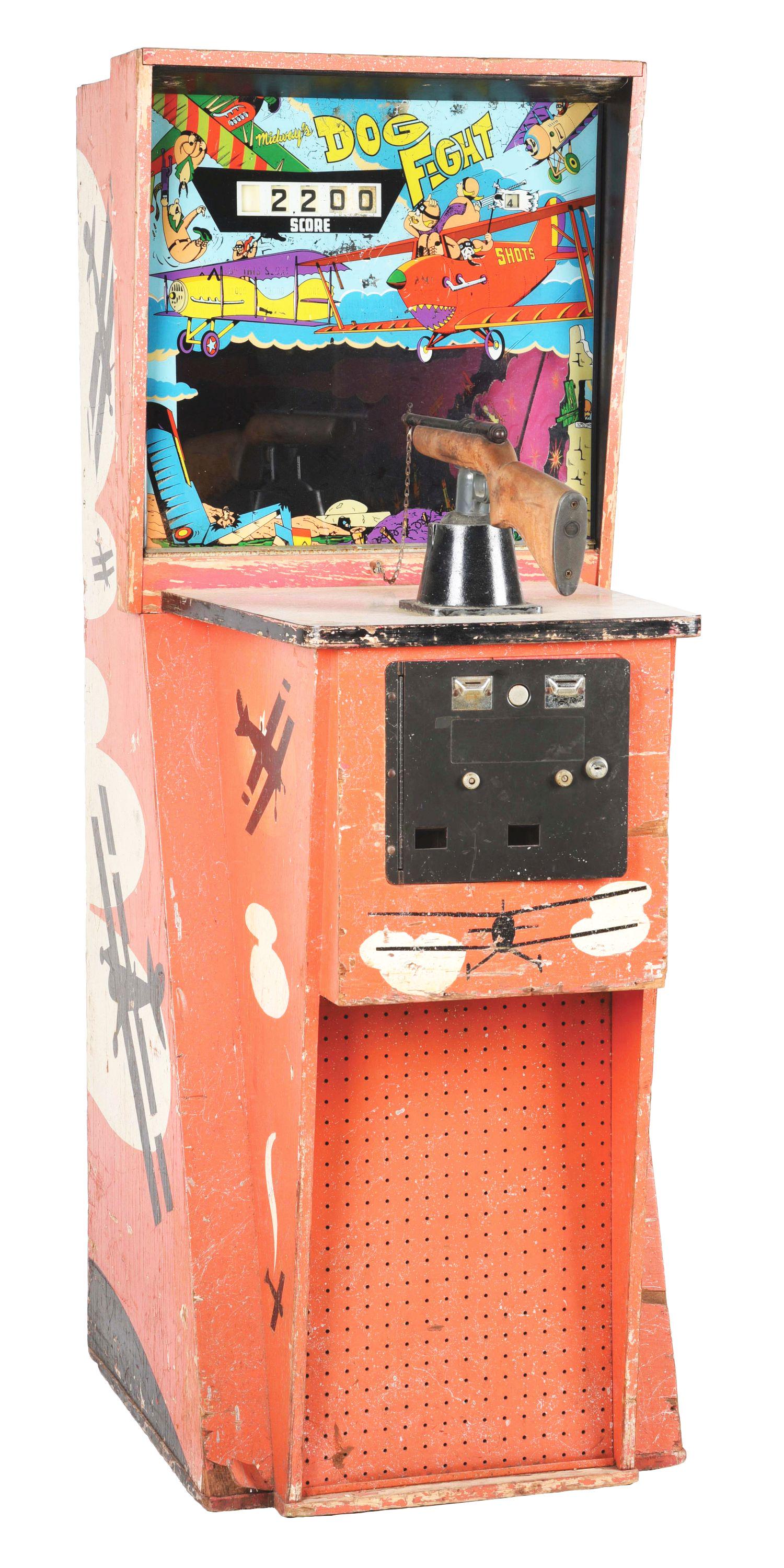 10¢/25¢ MIDWAY DOG FIGHT SHOOTING GALLERY: This floor model arcade game is in original condition showing moderate wear to the cabinet with some separation at the corners, minor wear to the back glass, and very good interior. In working order. 