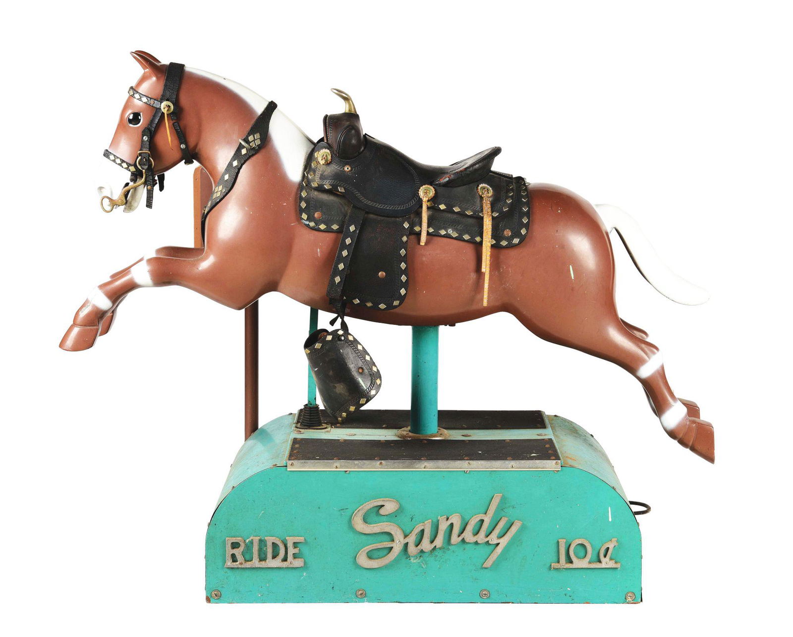 10¢ SANDY KIDDIE HORSE RIDE.: This is an iconic version of a kiddie horse ride, found out in front of grocery stores in the 1950's and 1960's, called "Sandy". Many of these have been found and restored, however this one is in all