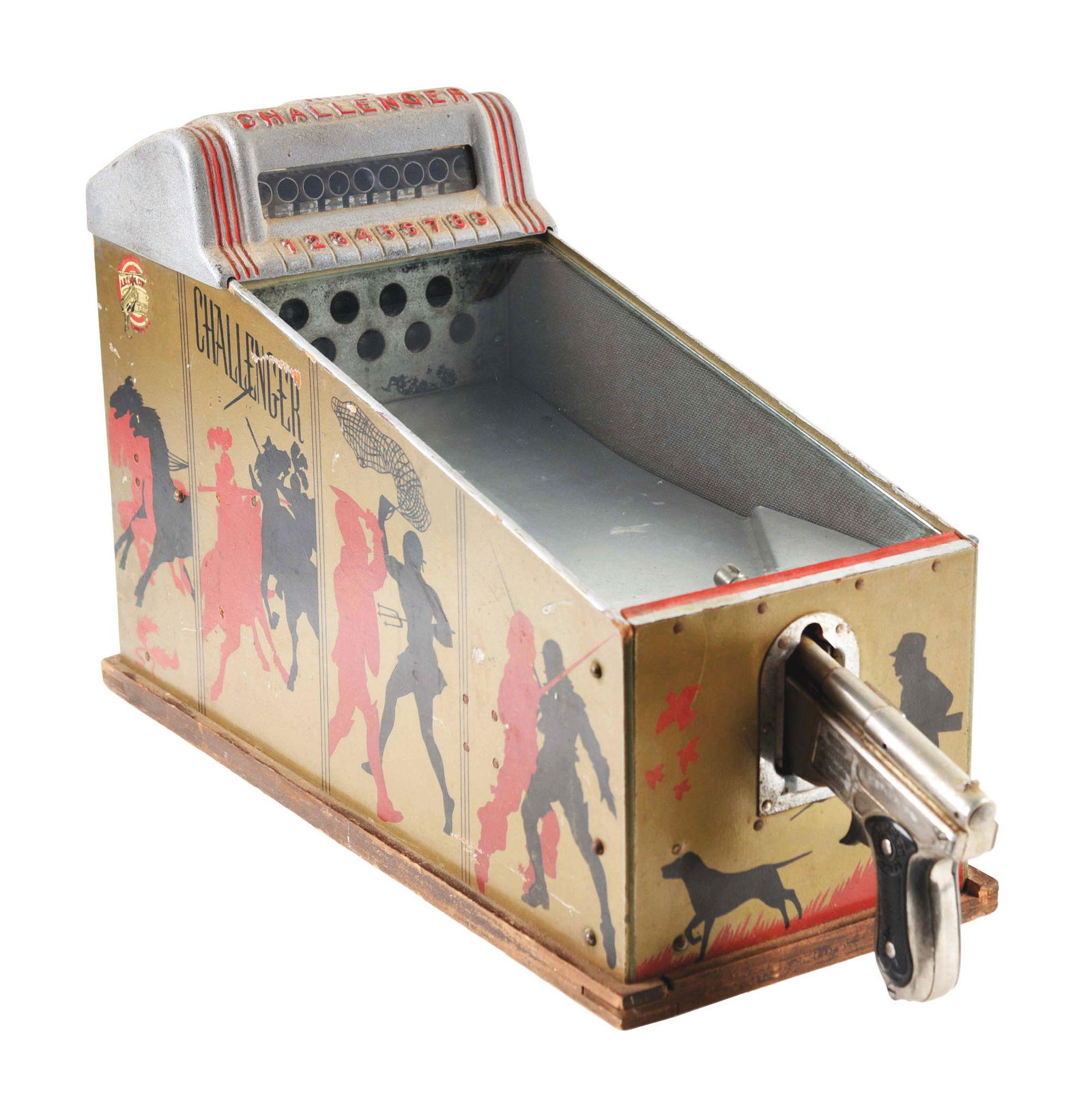 ABT CHALLENGER GUN GAME.: This is a great penny arcade gun shooting game called "The Challenger", made by ABT Manufacturing. It has the original gun, original scoring mechanism and original back door in operating condition. Th