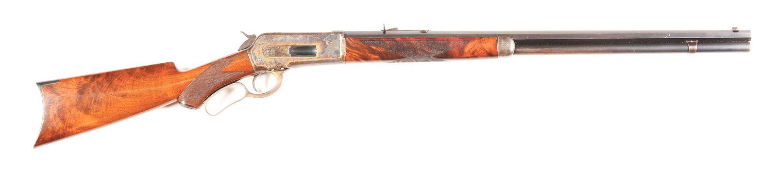 (A) RARE BROWNING BROTHERS MARKED WINCHESTER DELUXE: Winchester Deluxe Model 1886 lever action rifle made by Winchester Repeating Arms Company in 1898. Winchester blued octagon barrel with blade front sight and Winchester 22 rear adjustable sight. Barre