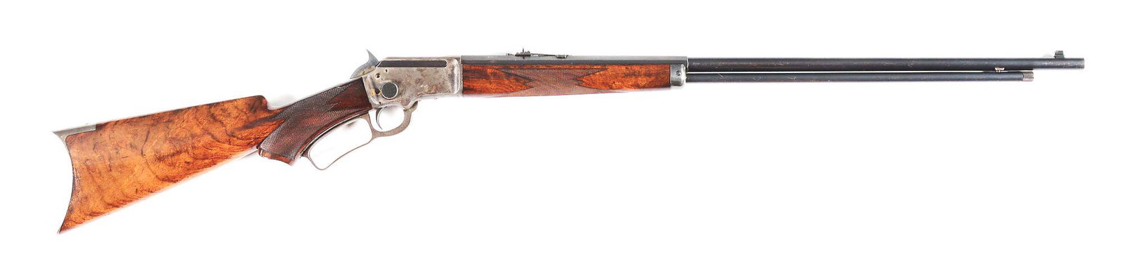(C) DELUXE MARLIN 1897 LEVER ACTION RIFLE.: Deluxe turn of the 20th century vintage Marlin Model 1897 takedown lever action rifle, serial number A6049. 26" half octagon to round barrel chambered for .22 Short, Long, or Long Rifle with full leng