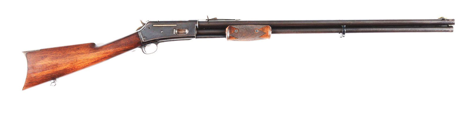 (A) COLT LARGE FRAME LIGHTNING SLIDE ACTION RIFLE.: Manufactured in 1891. Full round barrel with a Rocky Mountain front sight and sporting rear sight. Two-line address on the top of the barrel. Full-length tube magazine. All blue gun with Rampant Colt 