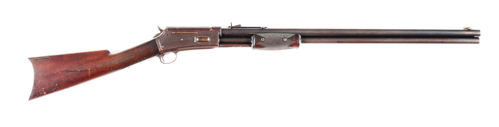 (A) COLT LARGE FRAME .50-95 EXPRESS LIGHTNING SLIDE: Manufactured in 1887. A first year production gun. Full round barrel with a Rocky Mountain front sight and sporting rear sight. Two-line address on the top of the barrel. Full-length tube magazine. Al
