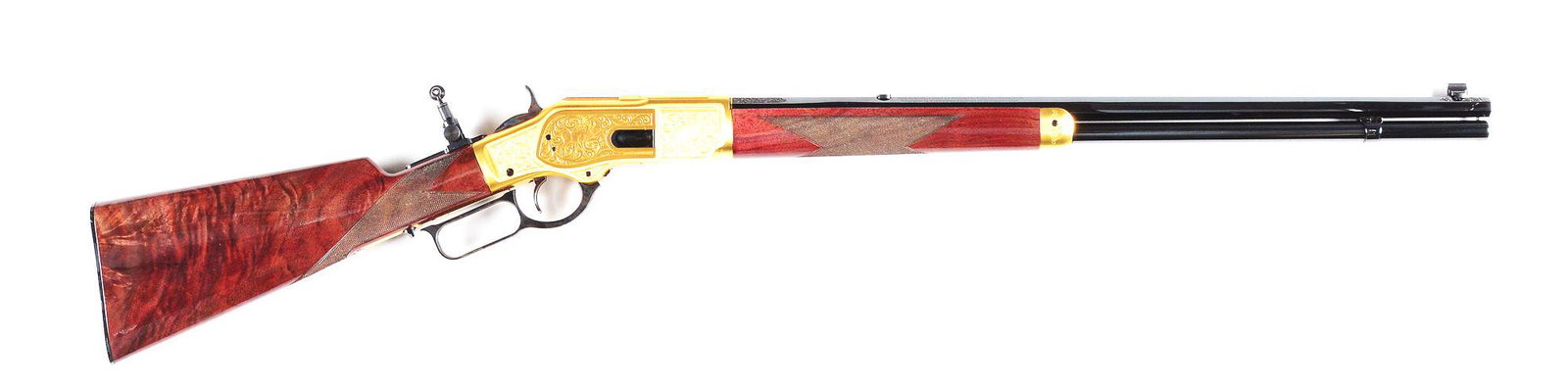M) RARE 1 OF 1 WINCHESTER 1873 ONE OF ONE THOUSAND: RARE Gold Plated Winchester 1873 One of One Thousand lever action rifle manufactured in Japan by Miroku and imported by Browning Arms Company for Winchester with matching factory box and associated pa