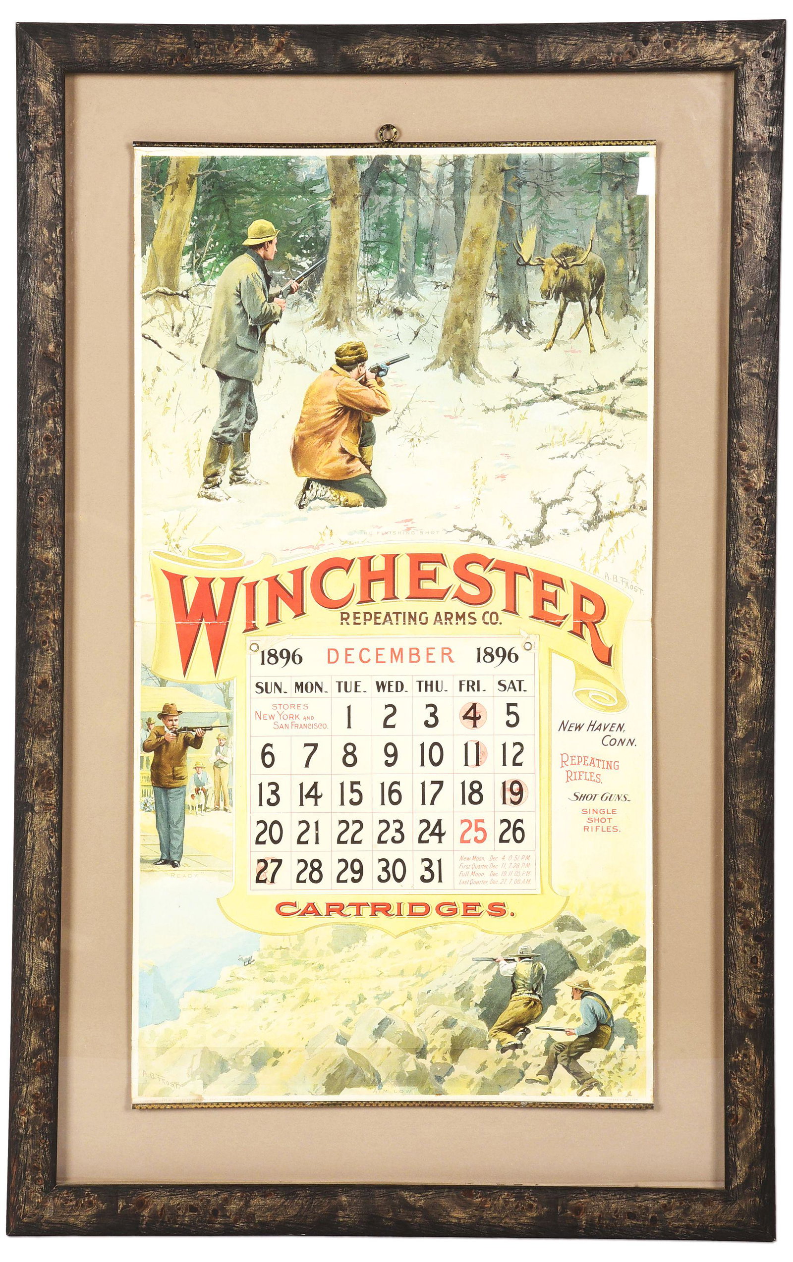 THE FINISHING SHOT WINCHESTER CALENDAR ADVERTISING: Calendar pad dating 1896 with December page. Great graphics and strong color. Bottom image of mountain men hunting the illusive mountain goat in dangerous setting is crisp, clean and highly detailed. 