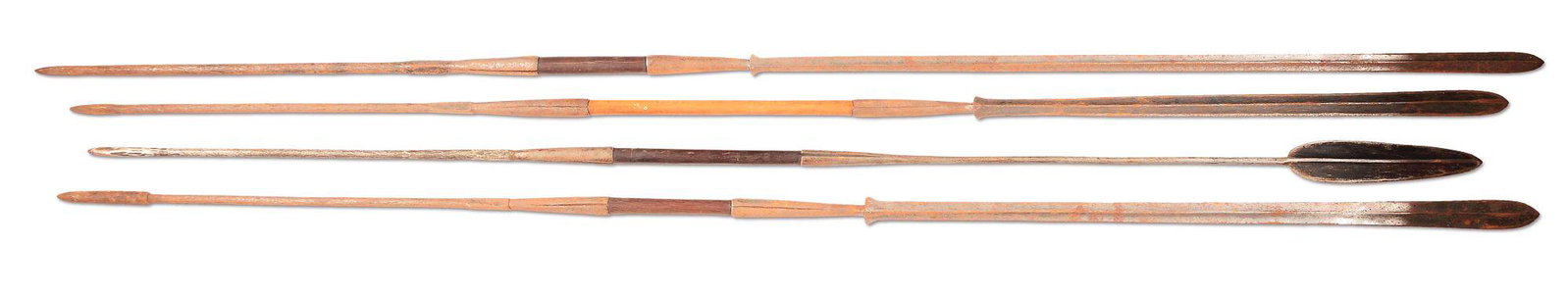 LOT OF 4: AFRICAN (MAASAI?) MORAN SPEARS.: Lot consists of 4 Maasai Moran spears with distinct long heads and long metal counterbalance affixed to a central wooden haft. (A) with 39 - 3/8" blade with raised central ridge. (B) with 26 - 3/4" bl