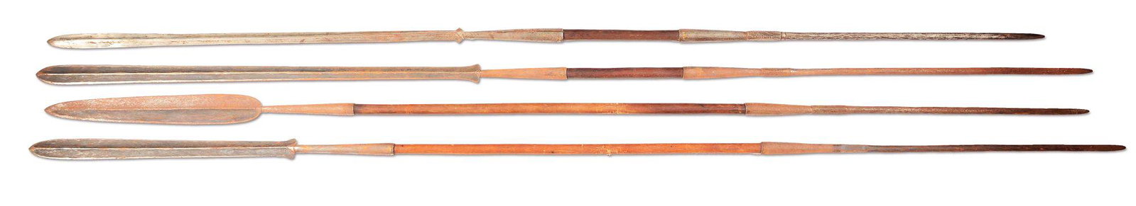 LOT OF 4: AFRICAN (MAASAI?) MORAN SPEARS.: Lot consists of 4 Maasai Moran spears with distinct long heads and long metal counterbalance affixed to a central wooden haft. (A) with 29" blade with raised central ridge. (B) with 31 - 3/8" blade wi