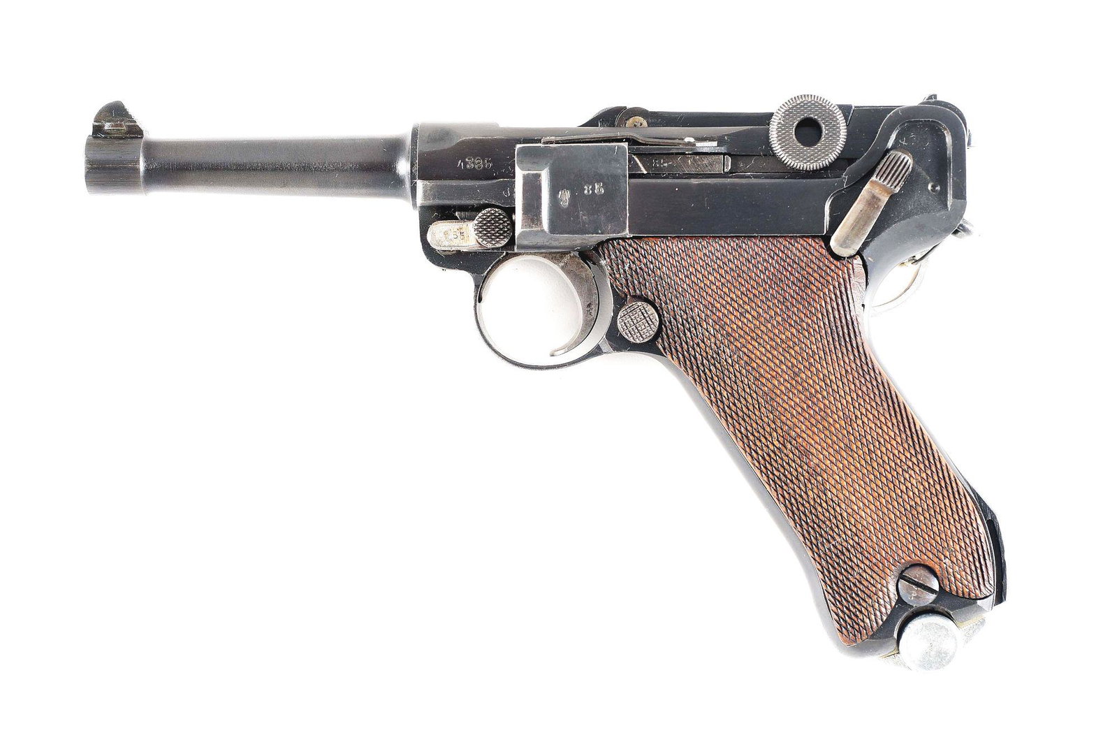 (C) SIMSON POLICE P.08 LUGER SEMI-AUTOMATIC PISTOL WITH: Simson Police P.08 Luger semi-automatic pistol with holster. Made late 1920's. Toggle is marked "SIMSON & CO./SHUL". Sear safety is still attached. No magazine safety. No import/export mark found. Mat