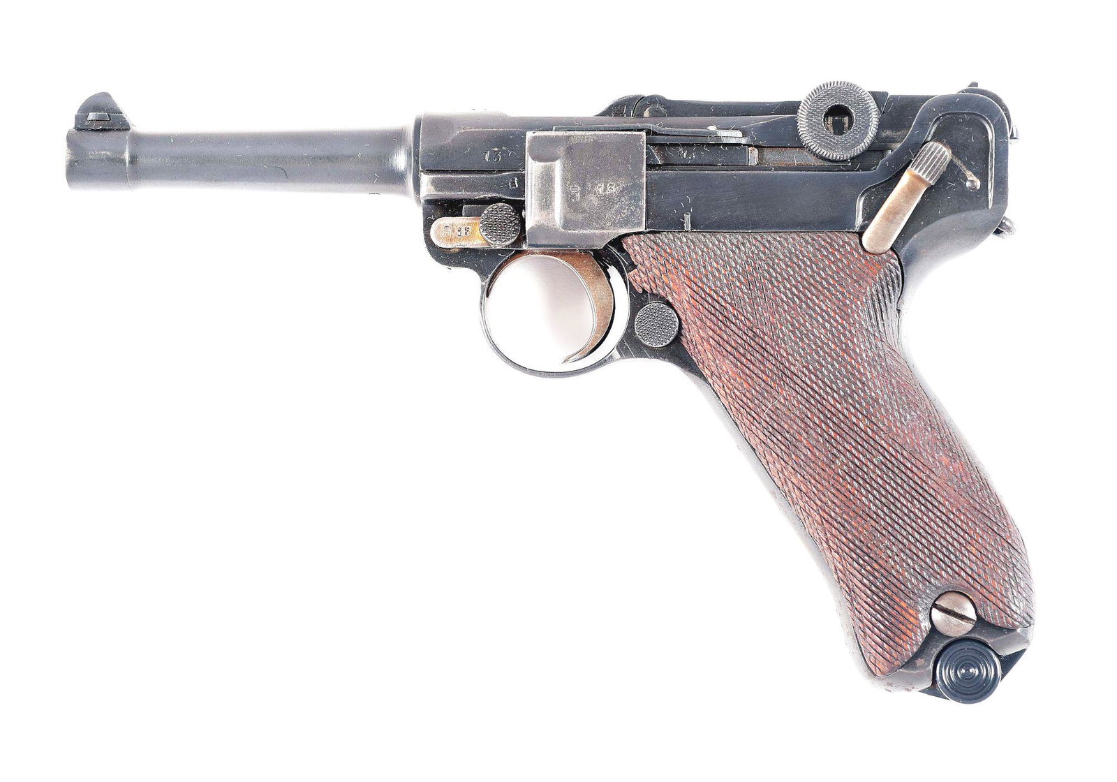(C) ERFURT "1918" DATED POLICE UNIT MARKED P.08: Erfurt P.08 reworked after the conclusion of World War I. The receiver is stamped "1918" over the chamber with arsenal proofs on the right side. Imperial German Reichsadler is present on the right sid