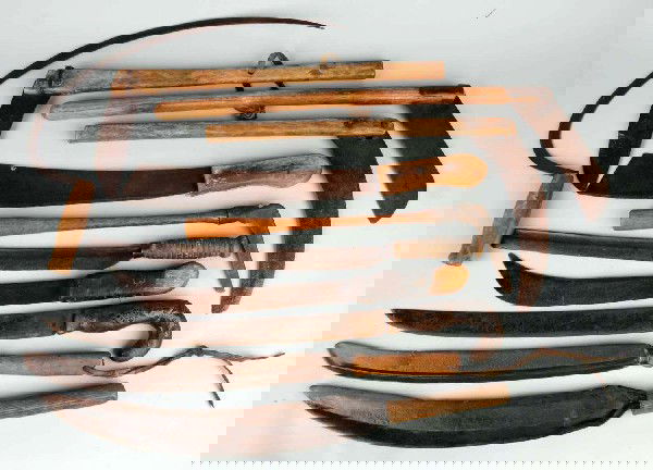 Lot of 12: Wooden Handled Machete-Type Cutters.: Cutters were used to cut grass and hay. Size: Largest: 27" L.