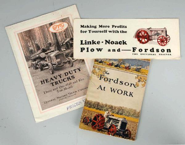 Lot of 3: Tractor & Truck Brochures.: Includes a 1921 edition of "The Fordson At Work", a 1916 GMC Heavy Duty Truck catalog, and a 1927 Fordson brochure. Size: Largest: 7 - 3/4" x 10 - 3/4".