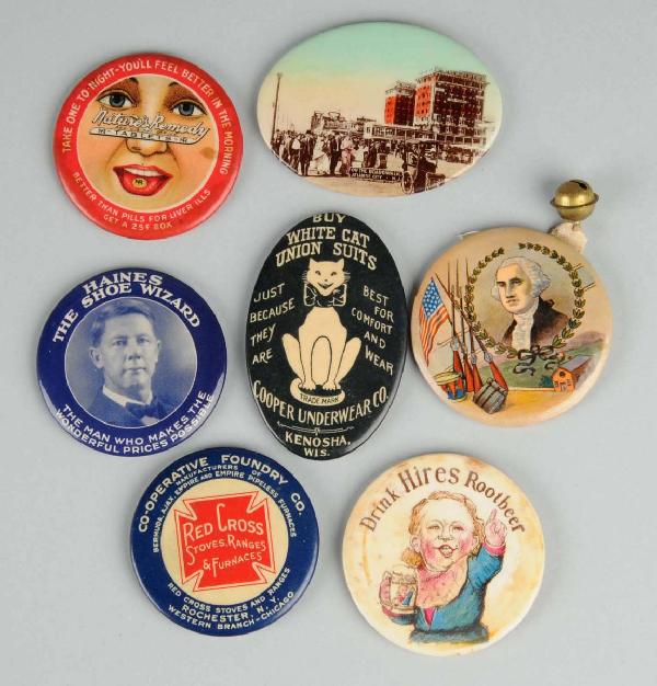 Lot of 7: Advertising Pocket Mirrors.: Includes one Nature's Remedy, one Atlantic City Boardwalk, one President Washington, one Hires Root Beer, and others. Size: Largest: 2 - 3/4" Dia.