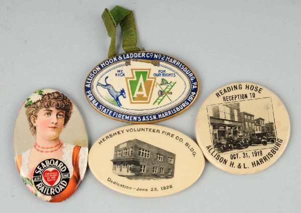 Lot of 4: Advertising Pocket Mirrors.: Includes Seaboard Railroad, Hook and Ladder Company, Hershey Fire Department, and Fire Company. Size: Largest: 2 - 3/4" Dia.