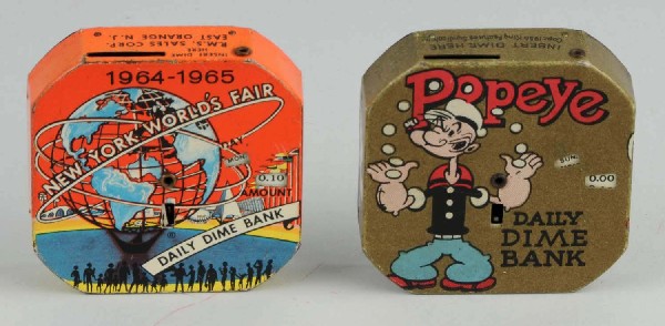 Lot of 2: Tin Dime Registering Banks.: Includes one Popeye and one 64-65 World's Fair. Size: Each: 2 - 1/2" x 2 - 1/2".