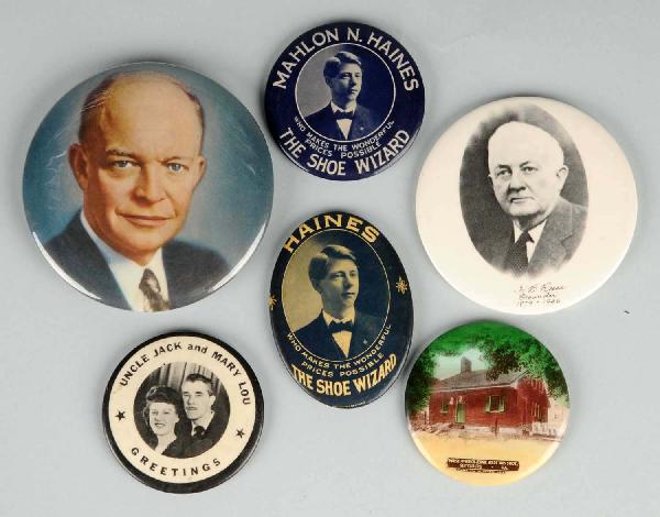 Lot of 6: Political Advertising Pieces.: Includes one Ike celluloid button/mirror, one Reese 1879-1956 mirror, one Uncle Jack and Mary Lou mirror, one Gettysburg mirror, and two Mahlon Haines pocket mirrors. Size: Largest: 3 -1/2" Dia.
