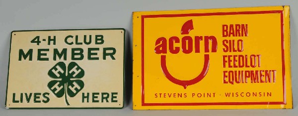 Lot of 2: Tin Advertising Signs.: Includes one 4H Club with a four leaf clover and one Acorn Barn Silo Equipment. Size: Largest: 17 - 1/2" x 11 - 1/2".