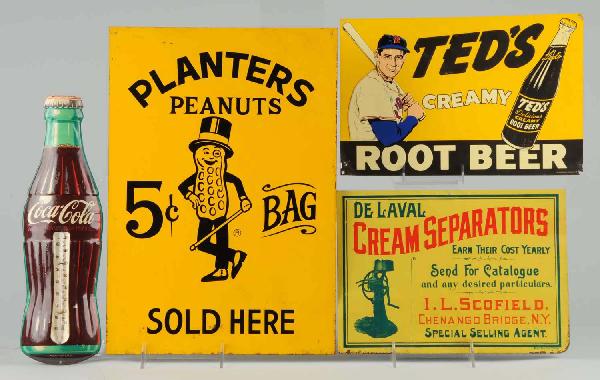 Lot of 4: Advertising Signs.: Includes one DeLaval Cream Separator, one Planters Peanut, one Coca-Cola Thermometer, and one vintage Ted's Root Beer. Minor chips and wear throughout. Size: Largest: 20" x 14".