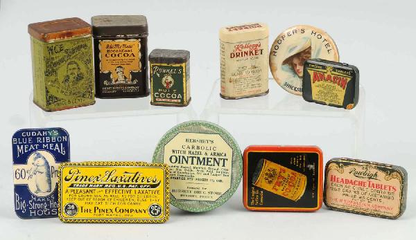 Lot of 11: Advertising Tins.: Includes two for headaches, one Fry's Cocoa, one laxative tin, one rare cough drop tin, and others. Size: Largest: 2 - 3/4" Dia.