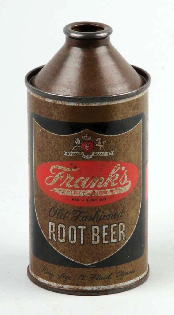 Tin Frank's Old Time Root Beer Can.: Some minor oxidation and scratching. Size: 5 - 1/2" T.