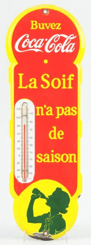 Porcelain Canadian Coca-Cola Thermometer.: Description Circa 1940. Large chip to bottom edge, a few outer edge nicks, and light overall wear. Condition (Excellent). Size 18" T.
