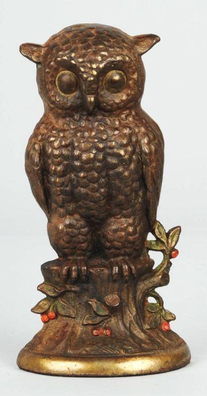 Cast Iron Owl on Stump Doorstop.: Description Manufactured by Hubley. Brass electroplated. Condition (Excellent). Size 10" T.
