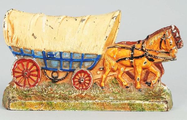 Cast Iron Conestoga Wagon with Horses Doorstop.: Description Manufactured by Hubley. Numbered "375". Condition (Excellent). Size 5 - 1/4" x 9".