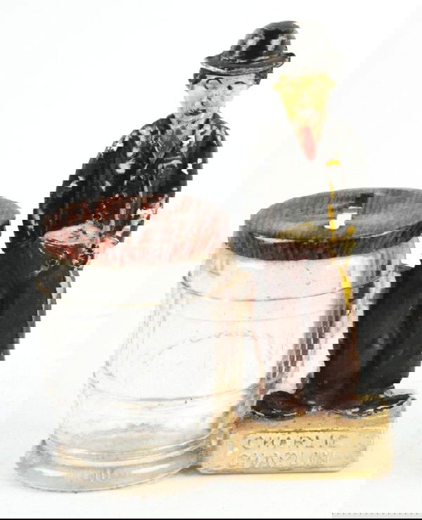 Glass Charlie Chaplin Still Bank Candy Container.: Condition (Excellent Plus). Size 3 - 3/4" T.