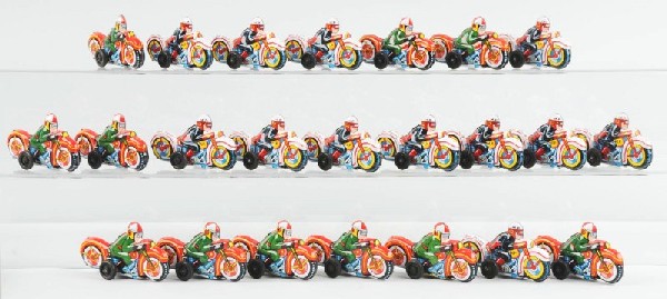 Lot of 24: Tin Motorcycle Friction Toys.: Description Japanese. Includes 12 military police cycles and 11 civilian cycles with "8" on back. Very little wear overall. All in their original store box. Condition (Near Mint). Size Each: 3 - 1/2" 