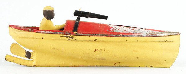 Tin Steam Driven Boat Toy.: Description American. Working. Very early and all handpainted. Includes handpainted driver and small wooden gun. Some paint loss to top, near front. Condition (Very Good). Size 9" L.