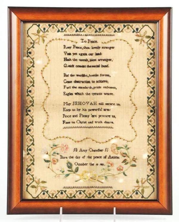 Silk on Linen Sampler by Amy Chandler.: Description Dated "1811". Moderate linen loss throughout. Condition (Fair - Good). Size Framed: 18 - 1/2" x 14 - 3/4".