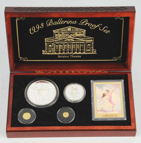 Ballerina Proof Set with Poster.: Description 1993 from Soviet Union in Russia. Two gold coins and two silver coins. In original wooden box comes with poster.