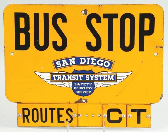 Tin San Diego Bus Stop Transit Sign.: Circa 1940s. Size: 12 - 1/2" x 16".