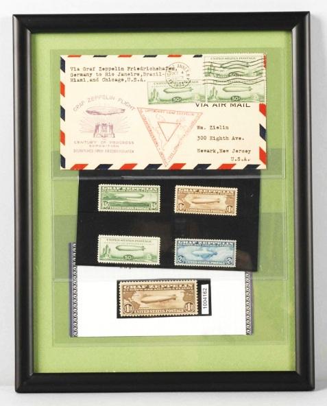 Lot of 6: Framed Graf Zeppelin Stamps & Letter.: Early 1900s. Size: Largest: 6 - 1/4" x 3 - 1/2". Circa 1933. Stamps are original, unused and unhinged in mint condition.
