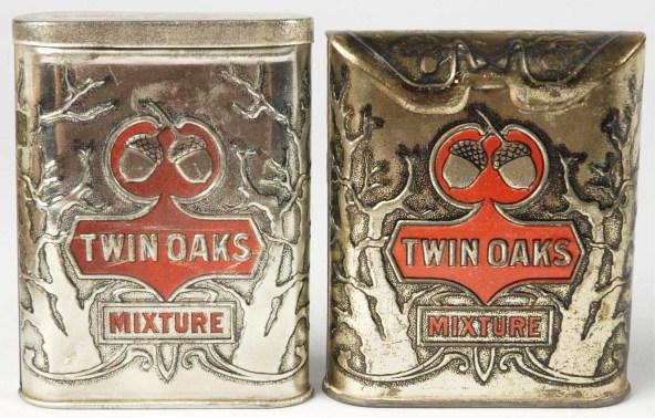 Lot of 2: Twin Oaks Mixture Tobacco Tins.: Includes one flat lid and one flip lid. Size: Largest: 4 - 1/8" T.