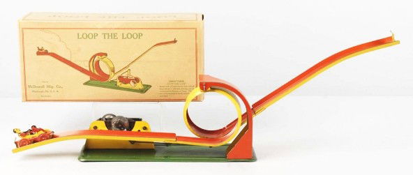 Tin McDowell Loop the Loop Wind-Up Toy.: American. Working. Original coaster car. Some scratching and wear. Includes original crisp box with nice color depiction of toy on front. Box has some slight wear staining throughout. Size: Box: 12 -
