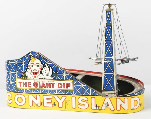 Tin Katz Coney Island Amusement Park Wind-Up Toy.: Circa 1920s. Working. When in operation, four original airplanes move around tower and roller coaster that moves on track. Small roller coaster is missing. Beautiful lithography on sides depicting Con